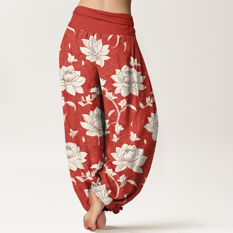 Buddha Stones Pure Cotton Beige Lotus Pattern Women's Elastic Waist Harem Pants - image 1