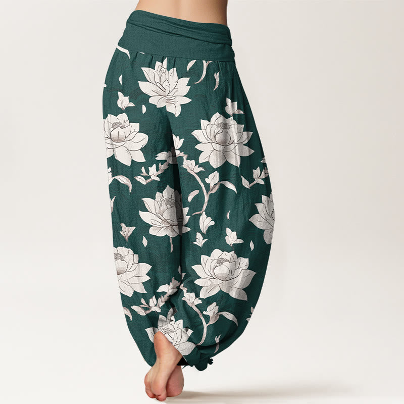 Buddha Stones Pure Cotton Beige Lotus Pattern Women's Elastic Waist Harem Pants - image 9