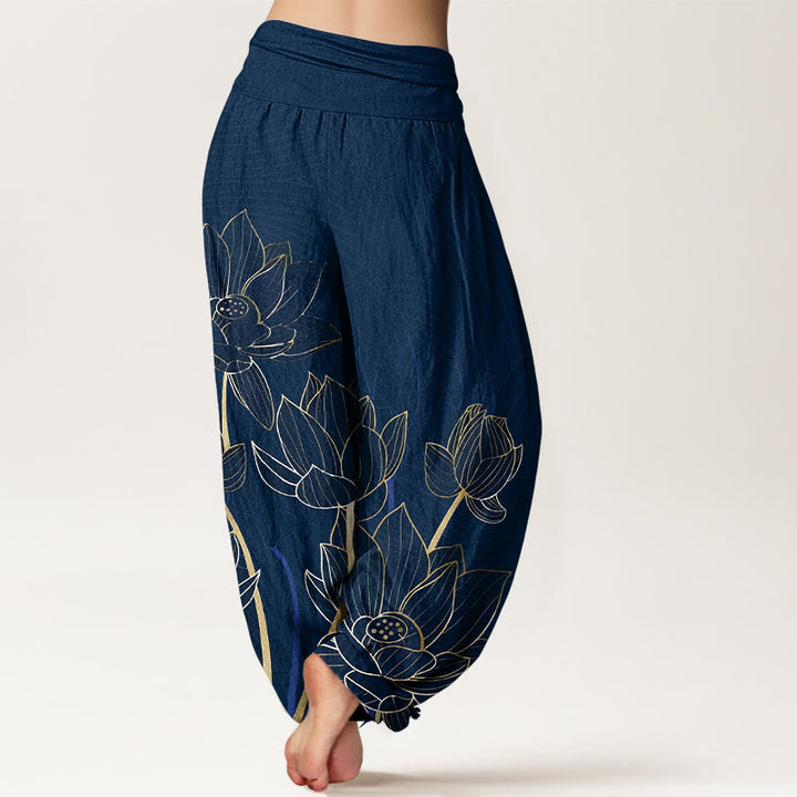 Buddha Stones Pure Cotton Minimalist Style Lotus Flower Pod Pattern Women's Elastic Waist Harem Pants - image 1