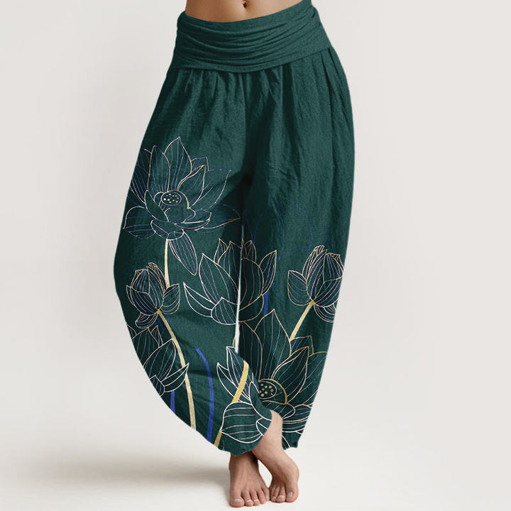 Buddha Stones Pure Cotton Minimalist Style Lotus Flower Pod Pattern Women's Elastic Waist Harem Pants - DarkGreen - US16，UK/AU20，EU48 (3XL) - image 8