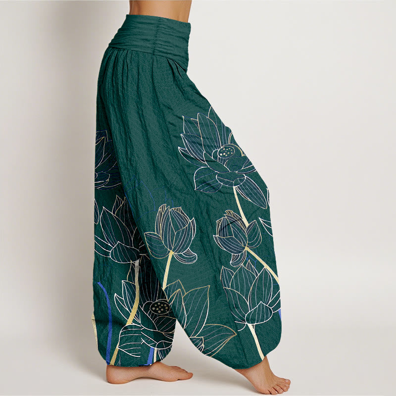 Buddha Stones Pure Cotton Minimalist Style Lotus Flower Pod Pattern Women's Elastic Waist Harem Pants - image 10