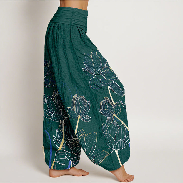 Buddha Stones Pure Cotton Minimalist Style Lotus Flower Pod Pattern Women's Elastic Waist Harem Pants - image 10