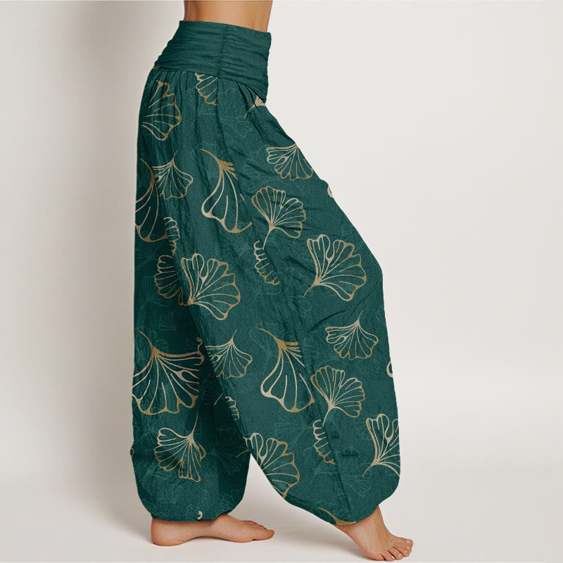 Buddha Stones Pure Cotton Minimalist Style Ginkgo Leaves Pattern Women's Elastic Waist Harem Pants - image 2