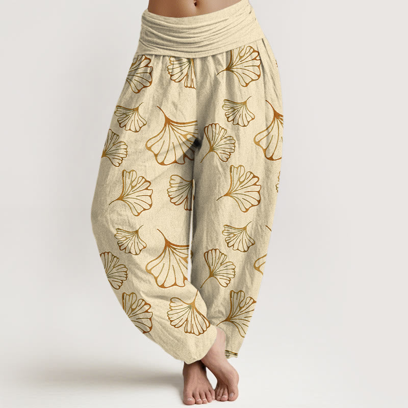Buddha Stones Pure Cotton Minimalist Style Ginkgo Leaves Pattern Women's Elastic Waist Harem Pants - LemonChiffon - US16，UK/AU20，EU48 (3XL) - image 5