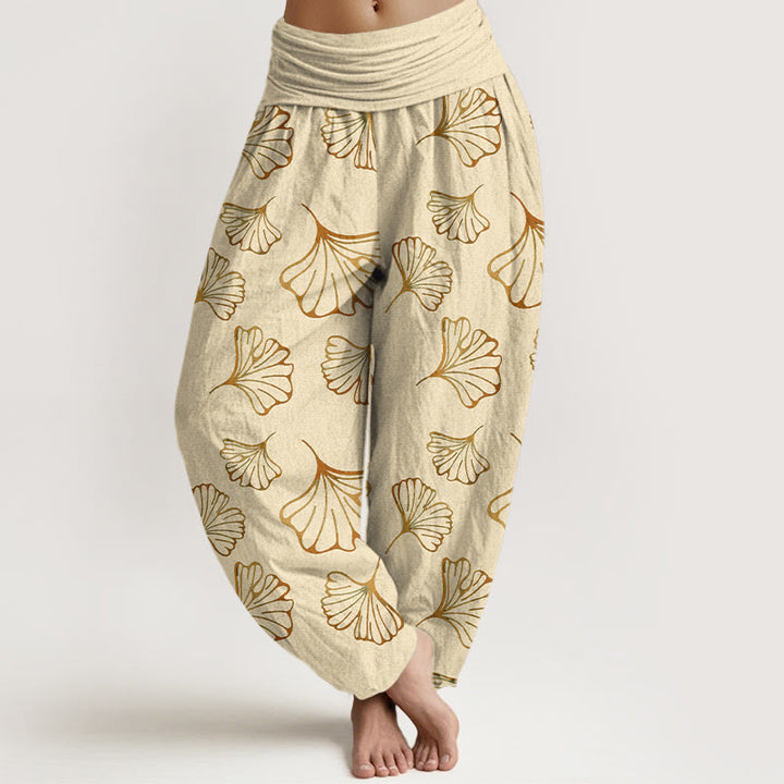 Buddha Stones Pure Cotton Minimalist Style Ginkgo Leaves Pattern Women's Elastic Waist Harem Pants - LemonChiffon - US16，UK/AU20，EU48 (3XL) - image 5