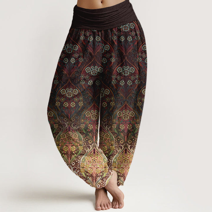 Buddha Stones Pure Cotton Retro Flower Pattern Women's Elastic Waist Harem Pants - SaddleBrown - US16，UK/AU20，EU48 (3XL) - image 0