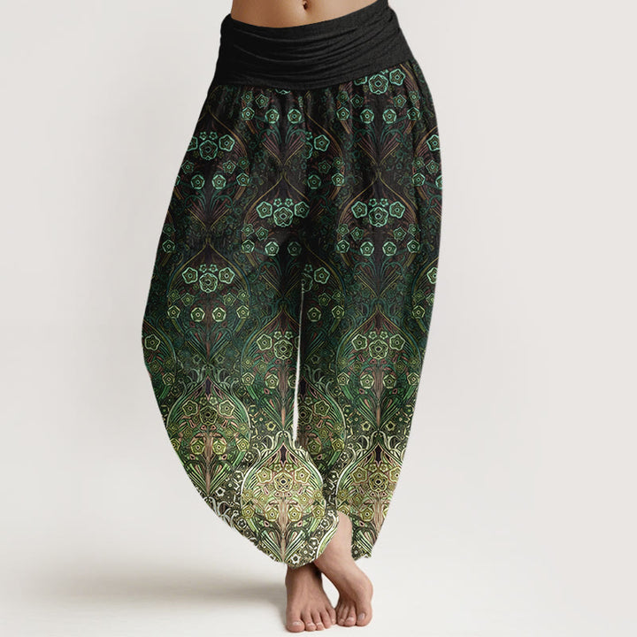 Buddha Stones Pure Cotton Retro Flower Pattern Women's Elastic Waist Harem Pants - DarkGreen - US16，UK/AU20，EU48 (3XL) - image 8