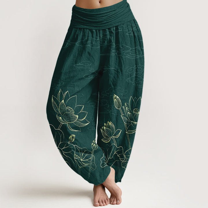 Buddha Stones Pure Cotton Concise Lotus Flower Leaf Pod Bud Cloud Pattern Women's Elastic Waist Harem Pants - DarkGreen - US16，UK/AU20，EU48 (3XL) - image 0