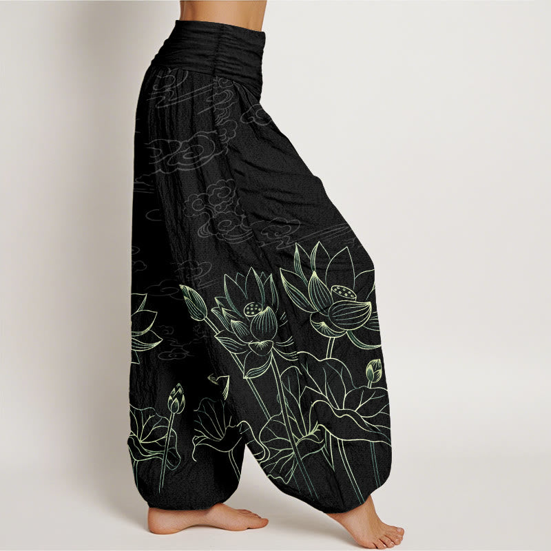 Buddha Stones Pure Cotton Concise Lotus Flower Leaf Pod Bud Cloud Pattern Women's Elastic Waist Harem Pants - image 10