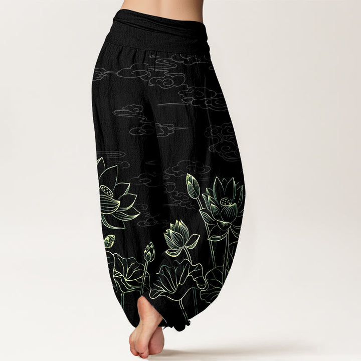 Buddha Stones Pure Cotton Concise Lotus Flower Leaf Pod Bud Cloud Pattern Women's Elastic Waist Harem Pants - image 9