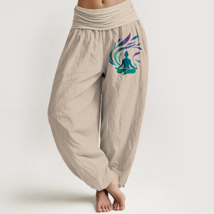 Buddha Stones Pure Cotton Simple Composition Human Figure Pattern Women's Elastic Waist Harem Pants - Tan - US16，UK/AU20，EU48 (3XL) - image 0