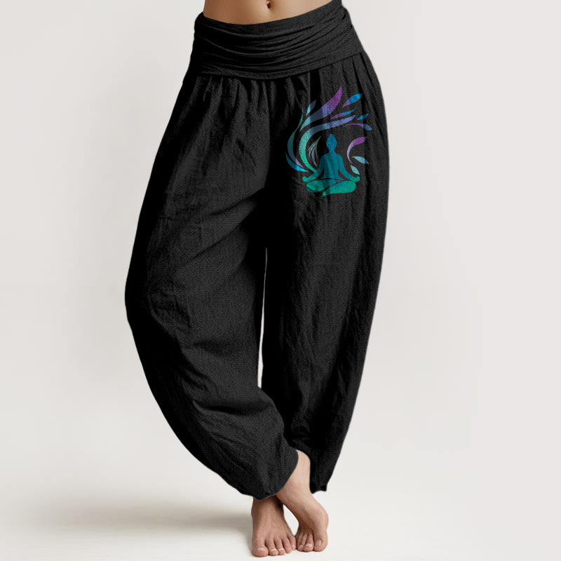 Buddha Stones Pure Cotton Simple Composition Human Figure Pattern Women's Elastic Waist Harem Pants - Black - US16，UK/AU20，EU48 (3XL) - image 5