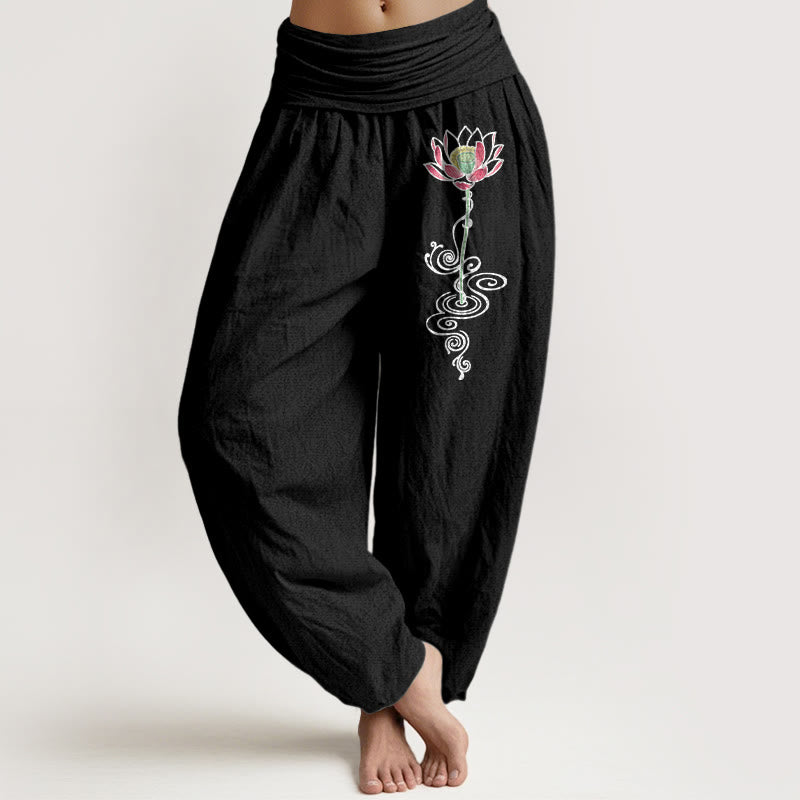 Buddha Stones Pure Cotton Simple Lotus Flower Pattern Women's Elastic Waist Harem Pants - Black - US16，UK/AU20，EU48 (3XL) - image 5