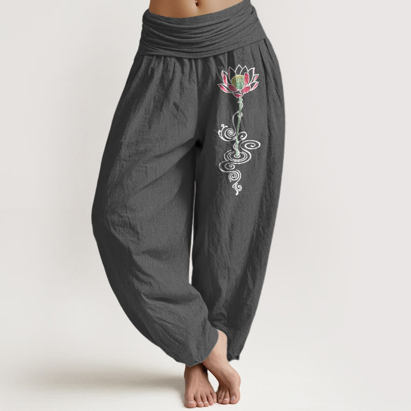Buddha Stones Pure Cotton Simple Lotus Flower Pattern Women's Elastic Waist Harem Pants - DimGray - US16，UK/AU20，EU48 (3XL) - image 8