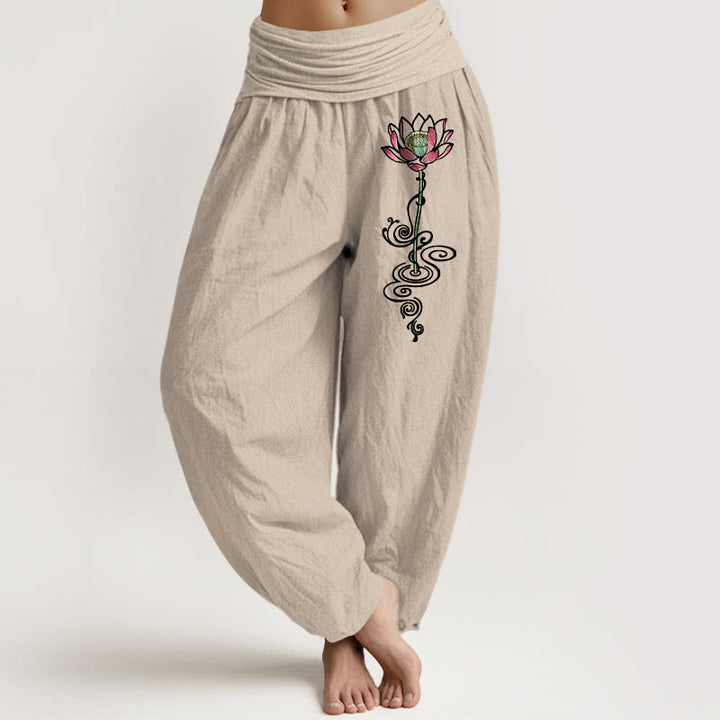 Buddha Stones Pure Cotton Simple Lotus Flower Pattern Women's Elastic Waist Harem Pants - Tan - US16，UK/AU20，EU48 (3XL) - image 11