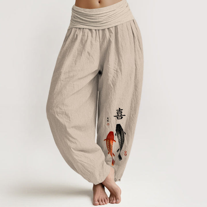 Buddha Stones Pure Cotton Concise Koi Fish Chinese Character Pattern Women's Elastic Waist Harem Pants - Tan - US16，UK/AU20，EU48 (3XL) - image 0
