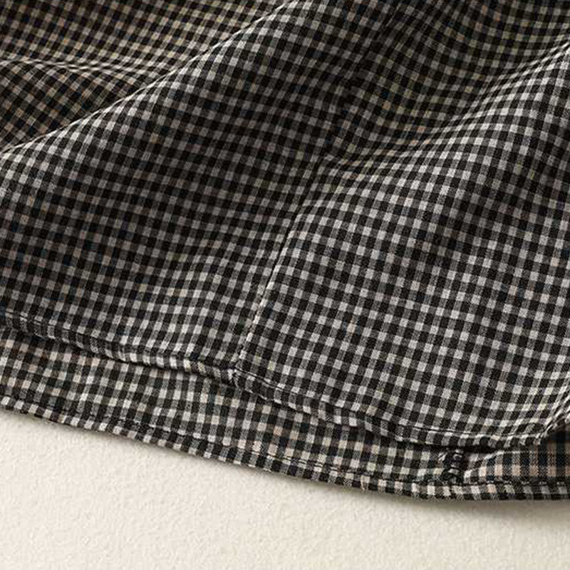 Buddha Stones Fall Black White Plaid High Neck Lace-up Design Long Sleeve Midi Dress With Pockets - image 7