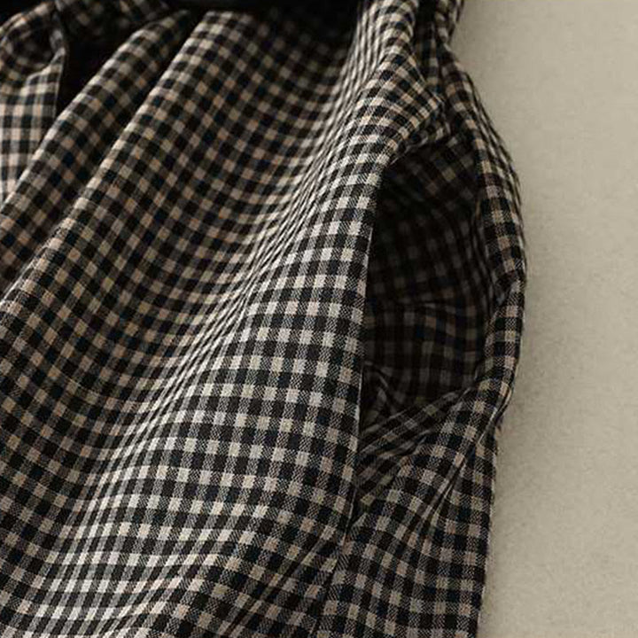 Buddha Stones Fall Black White Plaid High Neck Lace-up Design Long Sleeve Midi Dress With Pockets - image 5