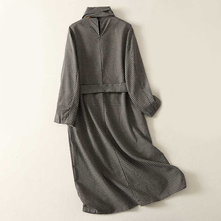 Buddha Stones Fall Black White Plaid High Neck Lace-up Design Long Sleeve Midi Dress With Pockets - image 1