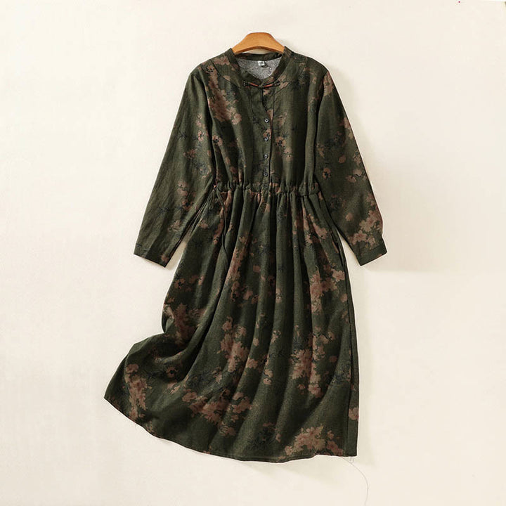 Buddha Stones Casual Flower Printed Pattern Buttons Design Long Sleeve Midi Dress With Pockets - OliveDrab - US12，UK/AU16，EU44 (2XL) - image 0