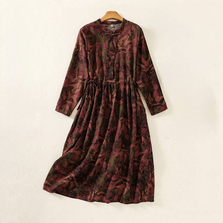 Buddha Stones Casual Flower Printed Pattern Buttons Design Long Sleeve Midi Dress With Pockets - IndianRed - US12，UK/AU16，EU44 (2XL) - image 7