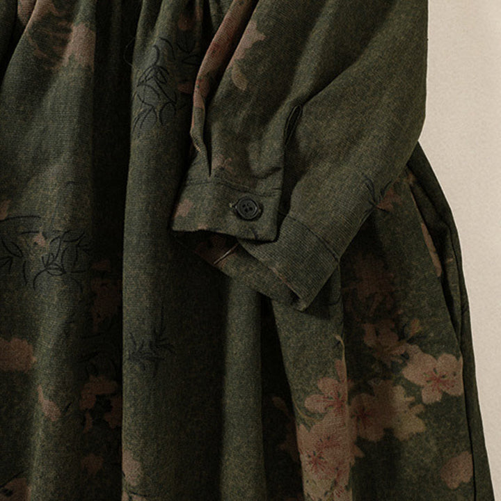 Buddha Stones Casual Flower Printed Pattern Buttons Design Long Sleeve Midi Dress With Pockets - image 4