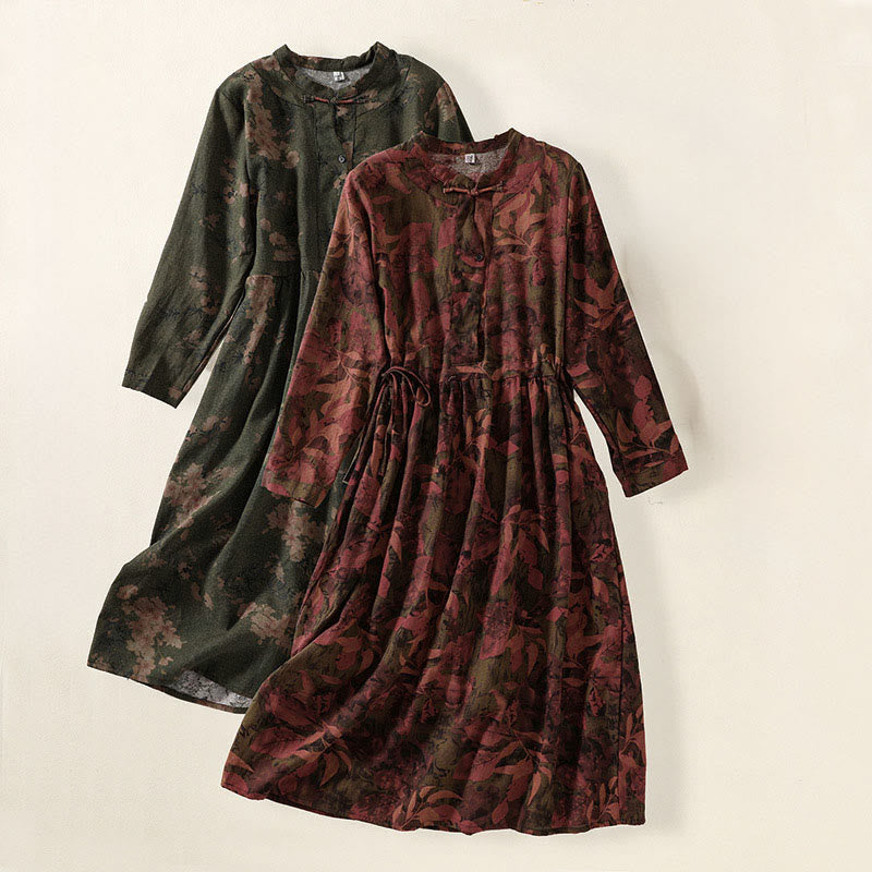 Buddha Stones Casual Flower Printed Pattern Buttons Design Long Sleeve Midi Dress With Pockets - image 18