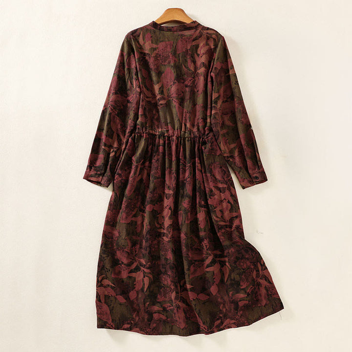 Buddha Stones Casual Flower Printed Pattern Buttons Design Long Sleeve Midi Dress With Pockets - image 8