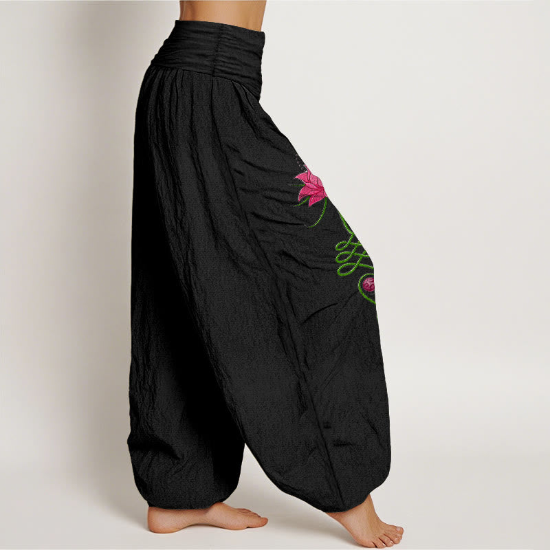 Buddha Stones Pure Cotton Strong Color Contrast Lotus Flower Pattern Women's Elastic Waist Harem Pants - image 2