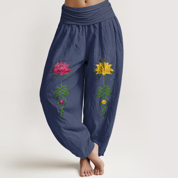 Buddha Stones Pure Cotton Strong Color Contrast Lotus Flower Pattern Women's Elastic Waist Harem Pants - DarkSlateBlue - US16，UK/AU20，EU48 (3XL) - image 5