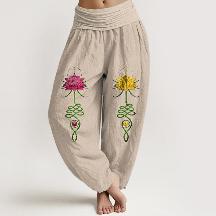 Buddha Stones Pure Cotton Strong Color Contrast Lotus Flower Pattern Women's Elastic Waist Harem Pants - Tan - US16，UK/AU20，EU48 (3XL) - image 11