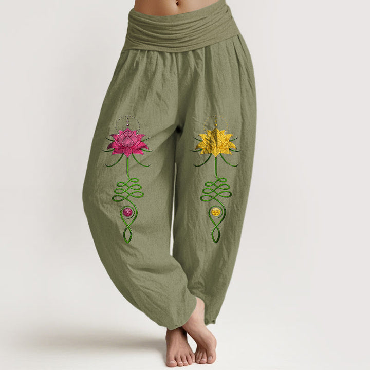 Buddha Stones Pure Cotton Strong Color Contrast Lotus Flower Pattern Women's Elastic Waist Harem Pants - OliveDrab - US16，UK/AU20，EU48 (3XL) - image 14