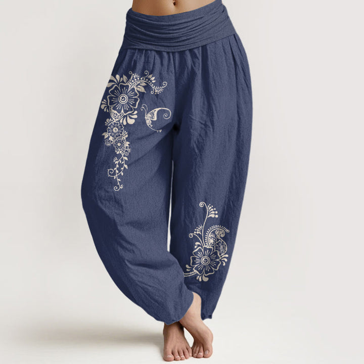 Buddha Stones Pure Cotton Simple Elegant Flower Butterfly Vine Pattern Women's Elastic Waist Harem Pants - DarkSlateBlue - US16，UK/AU20，EU48 (3XL) - image 0