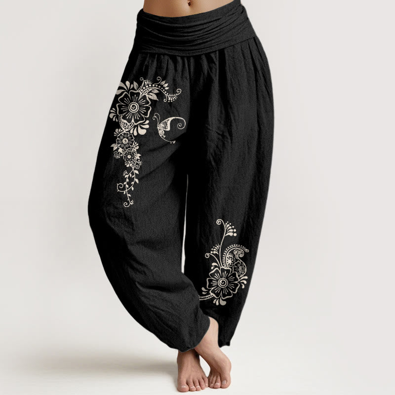 Buddha Stones Pure Cotton Simple Elegant Flower Butterfly Vine Pattern Women's Elastic Waist Harem Pants - Black - US16，UK/AU20，EU48 (3XL) - image 5