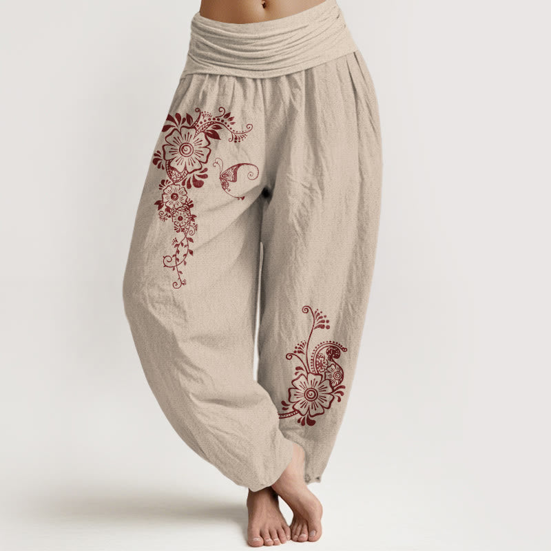 Buddha Stones Pure Cotton Simple Elegant Flower Butterfly Vine Pattern Women's Elastic Waist Harem Pants - Tan - US16，UK/AU20，EU48 (3XL) - image 11