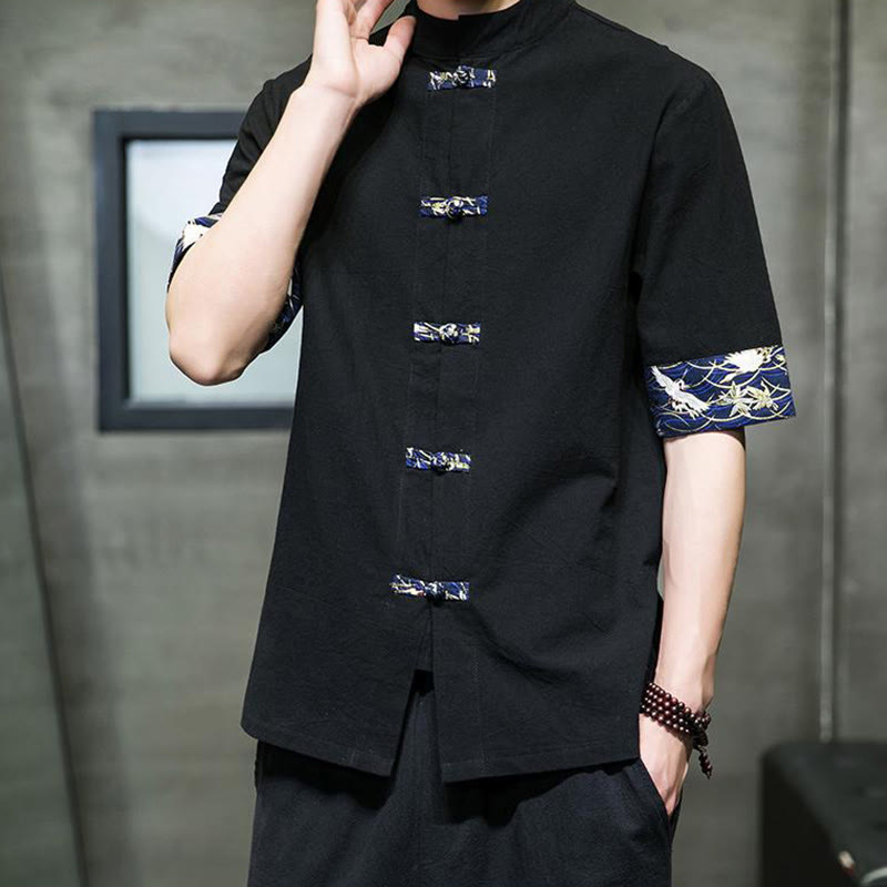 Buddha Stones Solid Color Frog-Button Stand Collar Men's Short Sleeve White Crane Cotton Shirt - image 2