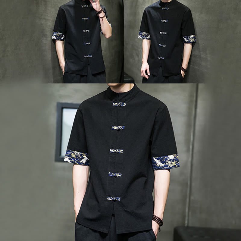 Buddha Stones Solid Color Frog-Button Stand Collar Men's Short Sleeve White Crane Cotton Shirt - image 8