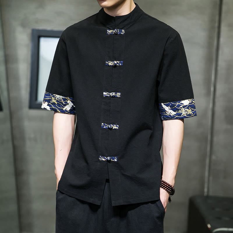 Buddha Stones Solid Color Frog-Button Stand Collar Men's Short Sleeve White Crane Cotton Shirt - image 5