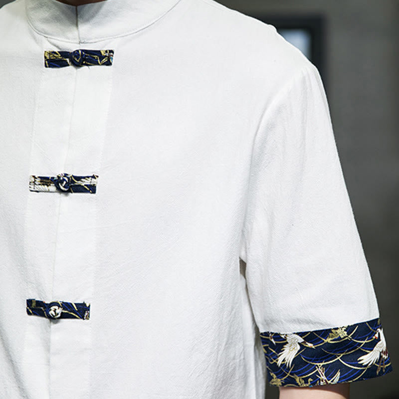 Buddha Stones Solid Color Frog-Button Stand Collar Men's Short Sleeve White Crane Cotton Shirt - image 17