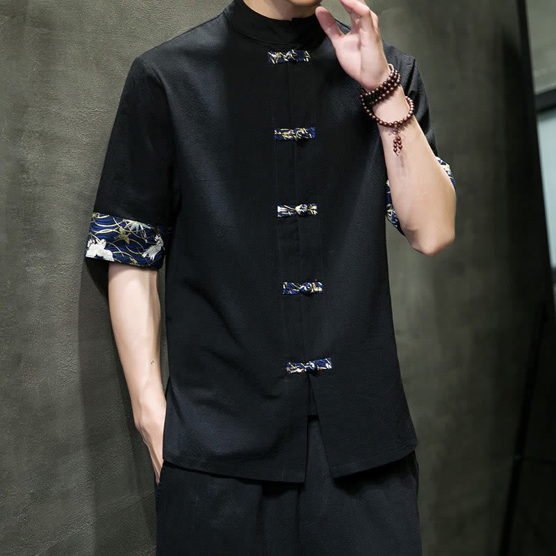 Buddha Stones Solid Color Frog-Button Stand Collar Men's Short Sleeve White Crane Cotton Shirt - image 7