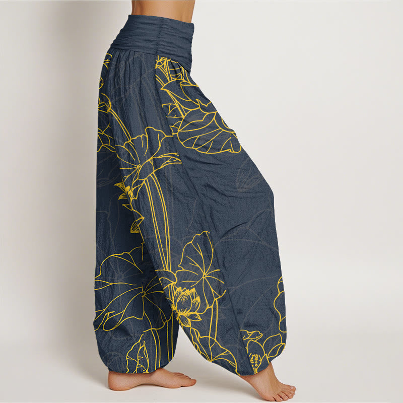 Buddha Stones Pure Cotton Concise Lotus Flower Leaf Pod Bud Pattern Women's Elastic Waist Harem Pants - image 7
