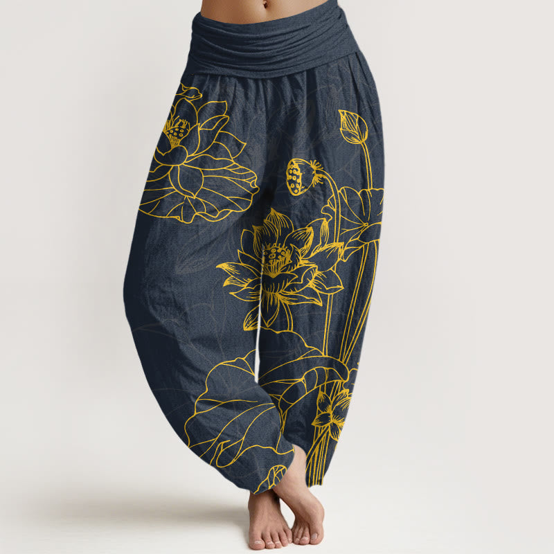 Buddha Stones Pure Cotton Concise Lotus Flower Leaf Pod Bud Pattern Women's Elastic Waist Harem Pants - DarkSlateBlue - US16，UK/AU20，EU48 (3XL) - image 5