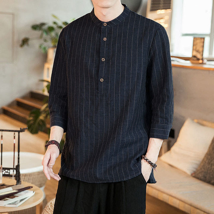 Buddha Stones Plaid Half Buttons Stand Collar Three Quarter Sleeve Cotton Men's Shirt - image 6