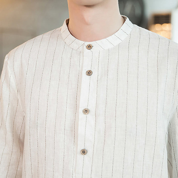 Buddha Stones Plaid Half Buttons Stand Collar Three Quarter Sleeve Cotton Men's Shirt - image 18