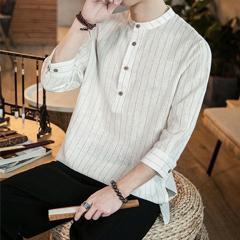 Buddha Stones Plaid Half Buttons Stand Collar Three Quarter Sleeve Cotton Men's Shirt - image 17