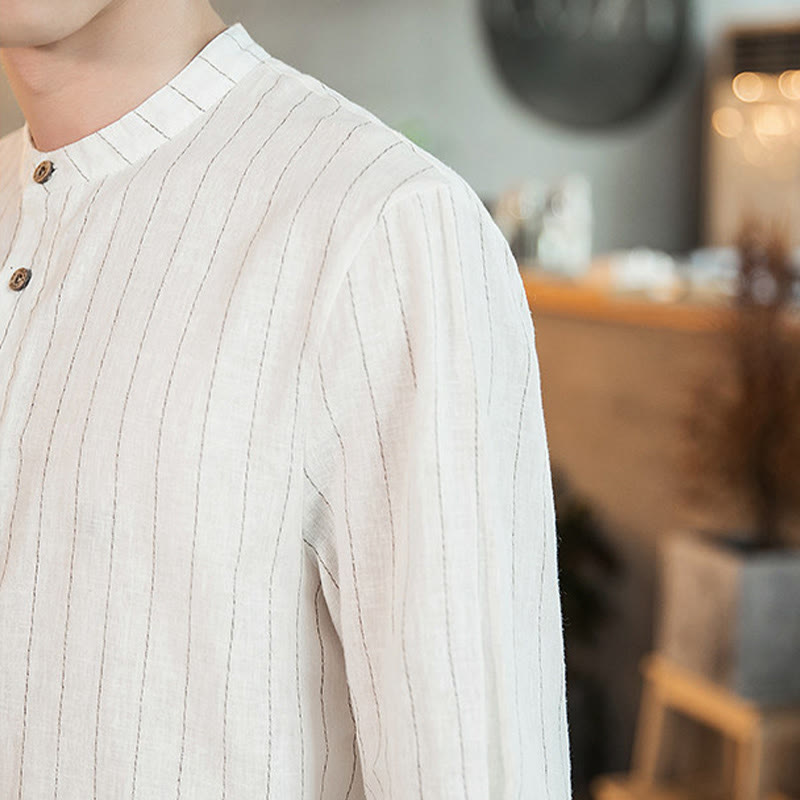 Buddha Stones Plaid Half Buttons Stand Collar Three Quarter Sleeve Cotton Men's Shirt - image 19