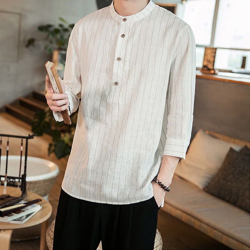 Buddha Stones Plaid Half Buttons Stand Collar Three Quarter Sleeve Cotton Men's Shirt - image 15