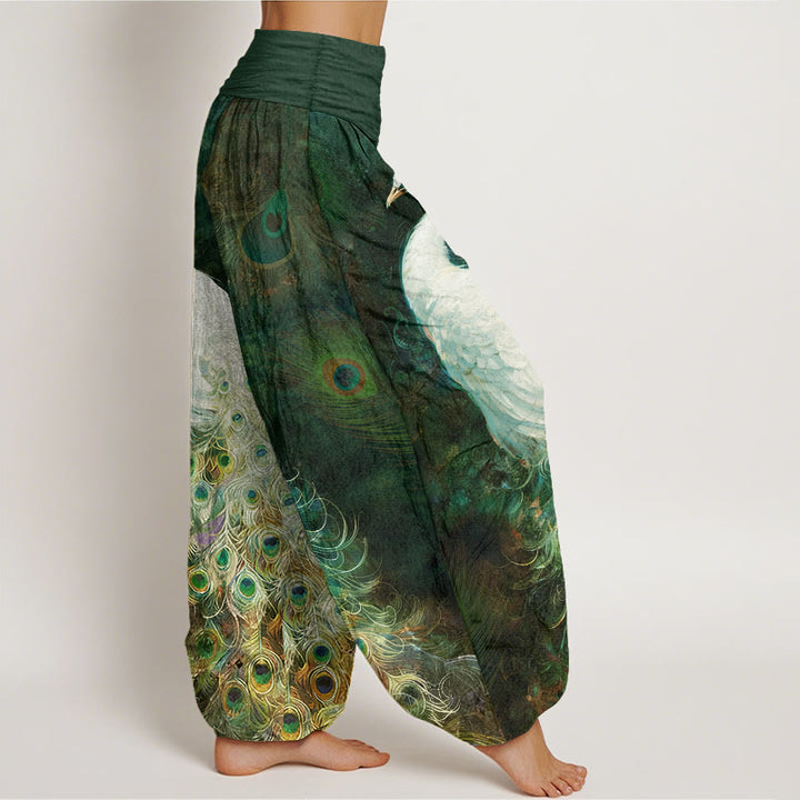 Buddha Stones Pure Cotton Gorgeous Peacock Pattern Women's Elastic Waist Harem Pants - image 7