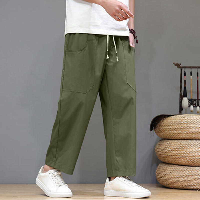Buddha Stones Summer Solid Color Drawstring Straight Leg 7-8 Length Men's Pants With Pockets - image 2