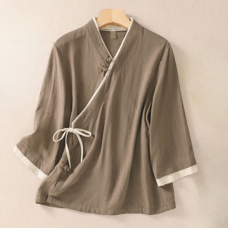 Buddha Stones Retro Lace-up Frog-Button Design Women's Three Quarter Sleeve Cotton Linen Shirt - Tan - US8-10，UK/AU12-14，EU40-42 (2XL) - image 14